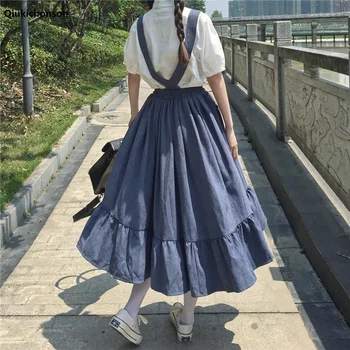 Falda Midi Para Mujer Primavera Verano de Estilo Japonés Kawaii Lolita de la Falda de los Adolescentes Suave de la Chica de Cintura Alta Volantes Liga Faldas rok
