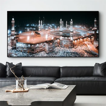 La Mezquita de la meca Vista de Noche Lienzo Pinturas en La Pared del Arte de los Carteles y Grabados Kabe Mekke Arte Islámico Imagen para Vivir Decoración de la Habitación