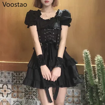 Las Mujeres Japonesas Black Gothic Lolita Vestido Victoriano Del Renacimiento Retro Chic De Estilo Punk Puff Manga Mini Vestido Del Vendaje Vestidos De Niña