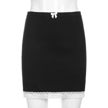 Sweetown Dobladillo de Encaje Y2K Falda de Mujer Estilo Preppy E Chica Estética de Mini Tenis Faldas de Proa Bajo la Cintura de Baile de la Calle Saias Negro