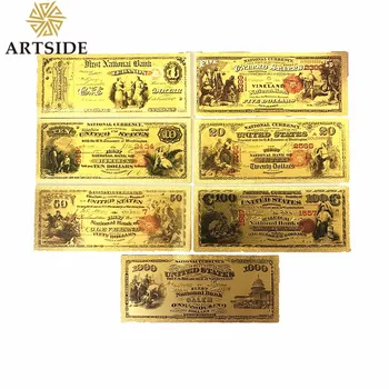 1 juego de Metal Color Oro Plateado NOS Billetes de un Dólar de los BILLETES 7pcs1,2,5,10,20,50,100 el Oro de los Billetes Agradable Decoración del Hogar Billetes de Regalo