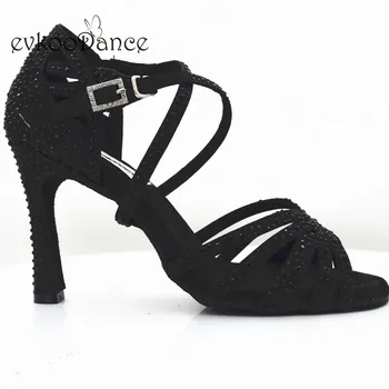 10 cm a la Altura del Talón Zapatos De Baile Profesional de Satén Negro Con Rhinostone Tamaño NOS 4-12 de Baile latino de ShoesNL247