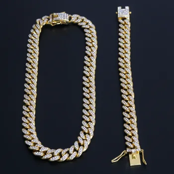 12mm Helado Fuera Cubano Collar de Cadena de Hip hop de la Joyería Gargantilla de Oro de Color de Plata CZ Rhinestone Broche para Hombre Rapero Collares Enlace
