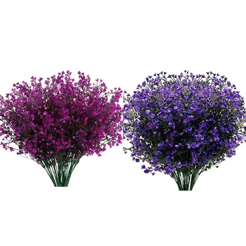 16pcs Falso al aire libre Resistente a los rayos UV de Flores y Plantas, de Imitación de Plástico de la Campana de Hojas Verde - 8pcs Fucsia & 8pcs Púrpura