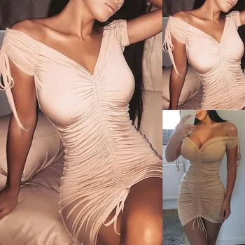 2018 Sexy de las Mujeres Pure Color de los Vestidos de la Venta Caliente de la Señora Vendaje de Bodycon de Fiesta la Noche del Club Mini Vestido V-cuello Vestidos Cortos Vestidos