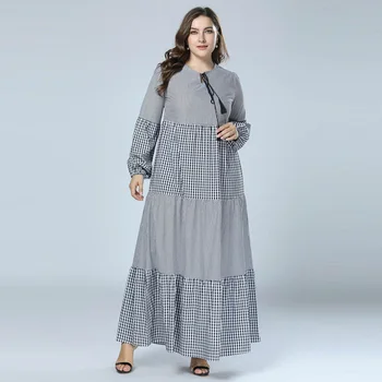 2019 Abaya Musulmán Vestido de Rayas & Cuadros de Patchwork Dubai abaya kaftan islámica cordón vestidos para las Mujeres vestidos de Gris 3XL 4XL