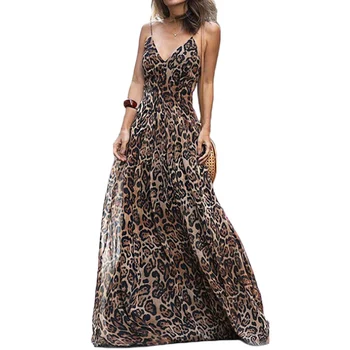 2019 Moda Sexy Leopardo Vestido de Cuello V de la Correa de Espagueti Maxi Vestidos de las Mujeres de Verano de la Gasa de la Playa Vestido Largo Vestidos Túnica femme