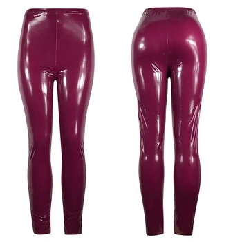 2019 NUEVA Moda de las Mujeres de Aspecto Mojado Elástico de los Pantalones de color Rojo Sólido de Cuero de Imitación Flaco Leggings Pantalones Lápiz