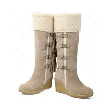 2020 Botas de Nieve de las Mujeres Zapatos de Invierno Cálido Algodón Zapatos de Invierno Frío de la Rodilla Botas Altas de Cuña de las Señoras de los Tacones de las Botas de 7 cm de Tamaño Más