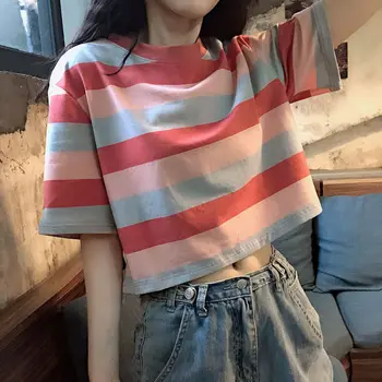 2020 coreano Flojo de la Moda Daisy Corta T-shirt Niñas Estudiante de Ocio Acogedor Raya Tops de Verano Dulce de las Mujeres de Manga Corta Ropa