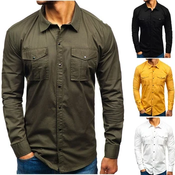 2020 Hombres Nuevos Militar de la camisa de Otoño de hombre Casual camisa de algodón de Carga Militar Slim Botón Sólido de manga larga camisa de los hombres de Bolsillo Camisetas