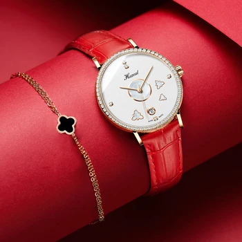 2020 Las Mujeres De La Moda Del Reloj Del Diamante Impermeable Mecánico Automático Relojes De Señoras Con Cuero Rojo Gaviota Movimiento De Regalo