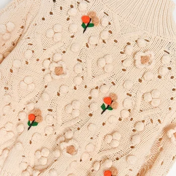 2020 Otoño Invierno de Cuello alto Suéter Recortada Jersey Suéter 3D Apliques Florales Hairball Hueco de las Mujeres Puentes de Otoño Tops