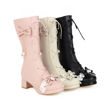 2020 Otoño Invierno de la Moda de la Princesa Lolita mitad de la Pantorrilla Botas de Niñas JK Cosplay de la Fiesta de la Boda Zapatos de la Cruz lazo Atado Diseño de Rosa Femenino