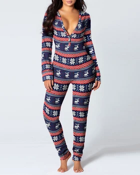 2021 Año Nuevo Navidad Funcional Abotonado Solapa Impresa Mujeres Adultos Desmontable Pijamas Traje de ropa de hogar de Una sola Pieza Trajes