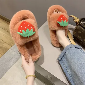 2021 invierno coreano Peludo zapatillas de las Mujeres zapatos de mujer planas palabra con zapatillas de piel de moda de espesor inferior a casa perezoso zapatillas mujer