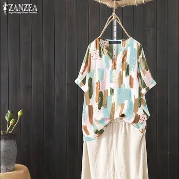 2021 ZANZEA Moda Impreso de la Camiseta de las Mujeres V Cuello de la Blusa Vintage Tops de Manga Corta de Mujer Causal Suelto Blusas Plus Tamaño de la Túnica