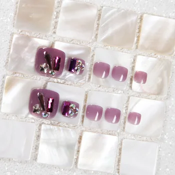 24pcs/caja Verano Portátil con cobertura Total de las Mujeres de la Moda de prensa en las uñas de los pies Transparente de Cristal Púrpura de Pie postizas con Pegamento de las niñas