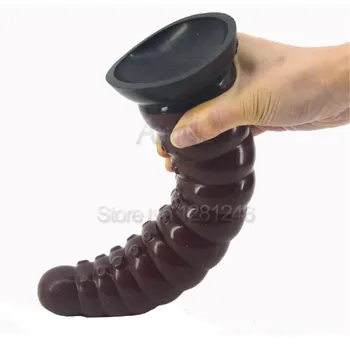 25*5.2 cm de Gran consolador de silicona plug anal de succión juguetes sexuales costuras de color marrón, negro gran pene adulto masturbador heliciform polla