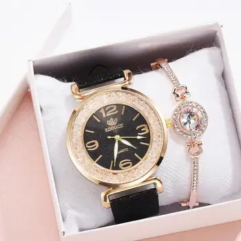 2pcs/Set de Lujo de la Moda Simple Dial banda de Cuero Reloj de Mujer Llena de Diamantes Relojes de Pulsera de Cuarzo Relogio reloj de Pulsera de Regalo