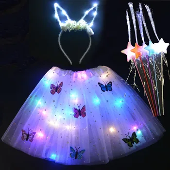 3pcs Niña de las Mujeres Adultas de los Niños LED Tutu Falda con la Luz de la Cadena de la Diadema de las Varitas Mágicas de la Navidad Regalo de Navidad Traje de Cosplay de Hadas Palo