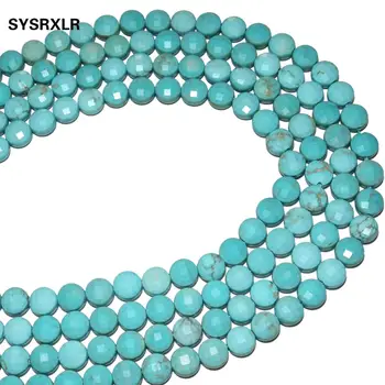 4 6 8mm Naturales Facetas de la Gema Azul Turquesa Cuentas de Piedra Plana Redonda Suelta Espaciador Perlas Para la Joyería DIY Collar Pulsera