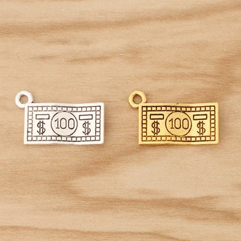 50 x Tibetano de Plata/Oro Tono de 100 Billetes de Dólar de los Encantos de 2 Caras Colgantes Collar de la Pulsera de la Joyería 20x10mm