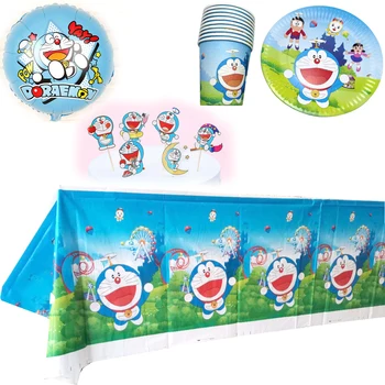 50pcs Doraemon Tema Mantel Decorar Tazas de Placas de los Niños Favorece Platos de Vidrio, Globos de la Fiesta de Cumpleaños de la Vajilla Set de Figuritas de Pastel