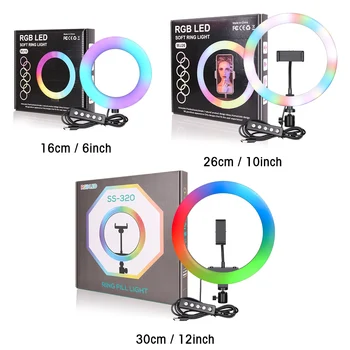 6/10/12 pulgadas LED RGB Luz del Anillo del Selfie Anillo de la Lámpara de 15 Colores 3 Modelo Con base de Trípode conector USB en Vivo en YouTube de Maquillaje de Fotografía