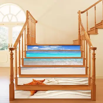 6pcs 3D Escalera de Pegatinas de Estrellas de mar de la Playa de la Escalera Vertical de Piso de la etiqueta Engomada auta-Adhesivo de BRICOLAJE Escalera de PVC de la prenda Impermeable Casa Decal Decoración
