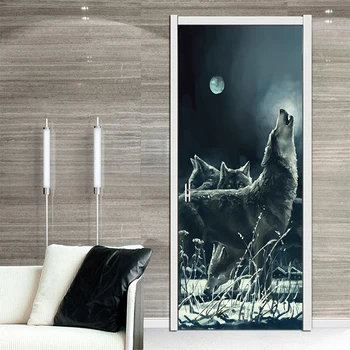 77x200cm Creativo Animal Noche de Luna del Lobo de la Puerta Pegatinas de Pintura, papel Tapiz Cartel de la etiqueta Engomada de la Pared del Dormitorio Sala de estar Decoración para el Hogar