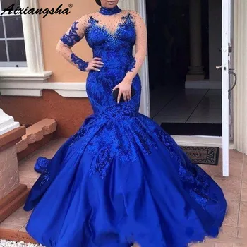 Abiye Azul Real Vestidos de Noche de Cuello Alto con Mangas Largas de Encaje Apliques Vestidos de Noche Más el Tamaño de la Sirena de Satén ropa Formal Elegante