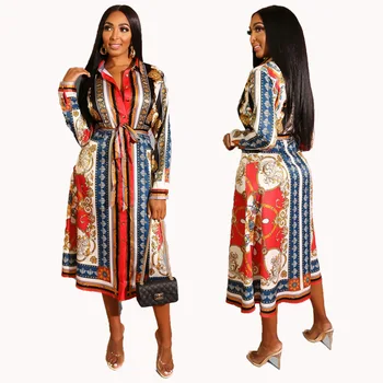 Africanos Vestidos Para Mujeres de áfrica Ropa de manga larga de impresión Camisa de vestir con cinturón de Dashiki Ankara Más el Tamaño de vestidos señora de la oficina