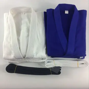 Algodón de Brasil Judo Gi Uniformes de jiu-jitsu brasileño de jiu-jitsu de wushu Kung fu ropa de entrenamiento conjuntos de Hombres, Mujer, Niño, Blanco y Azul Con Blet