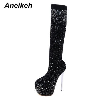 Aneikeh Talla 35-42 Moda Glitte Cristal Tejido elástico del Calcetín, Plataformas, Botas con Punta de pie Sobre la Rodilla de 16CM de Alta del Muslo Discoteca