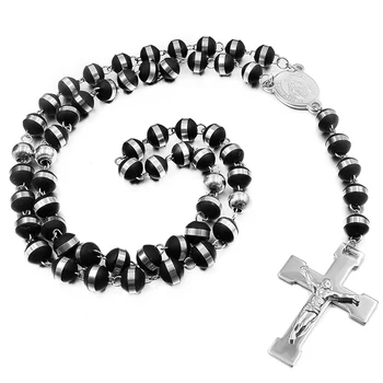Aniversario fresco de los hombres de perlas collar de la cruz 8mm de ancho de acero inoxidable para hombre de rosario collares,clásica, religiosa cristiana RN100