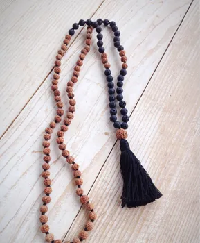 Anudado Collar de 108 Mala Perlas de Bodhi anudado collar de Piedra de Lava collares de Perlas de Oración Mano Nudo de la Borla collares Mala Cordón