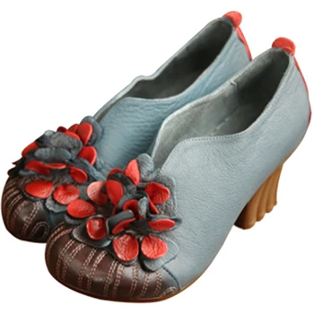 Artmu Original de Cuero Genuino Zapatos de las Mujeres Retro Flores hechas a Mano zapatos de Tacón Alto de Cuero Slip-en los Zapatos Cómodos A189-1