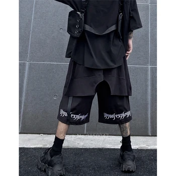 Asiático Japonés De La Moda Gótica De Los Hombres Negros Del Bordado De La Moda Kimono Ropa Casual Pantalones Cortos Split Venda Negra Split Pantalones Haori