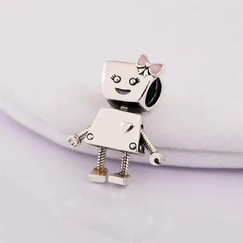 Auténtica S925 Plata de Bolas Encanto ajuste de la Señora Pulsera Brazalete Robot Chica Encanto lazo Rosa Esmalte Señora de la Joyería de BRICOLAJE