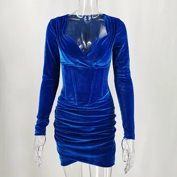 Azul real vestido de terciopelo de las mujeres discoteca pliegues de cuello en v elegante sexy corsé vestido bodycon de otoño invierno de la celebridad parte desgaste del club