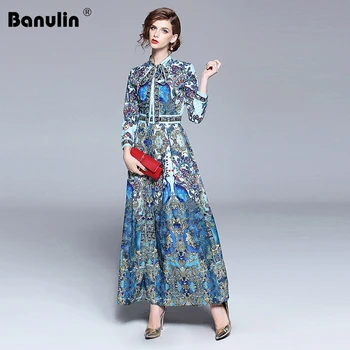 Banulin Nueva 2018 de la Moda de Pasarela del Diseñador Verano Otoño Vestido de las Mujeres del Arco Collar de Animales Plisado estampado Floral Vintage Maxi Vestidos