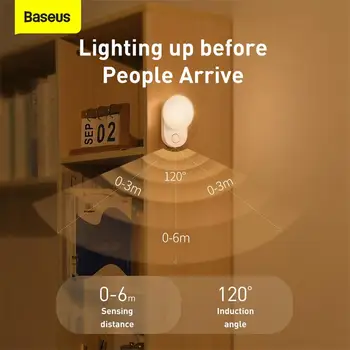 Baseus Sensor de Luz de la Noche USB Recargable Dormitorio Lámpara de Pared de las Escaleras Inteligente del Cuerpo de la Lámpara de la Luna Llena Inducción de la Luz de la Noche