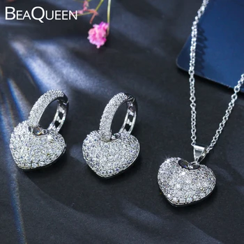 BeaQueen Hermosa Forma de Corazón CZ Cristal de la Joyería Conjuntos de Micro Pavimentado Cúbicos Circón Aretes y Collar de las Mujeres de Regalo de Aniversario JS075