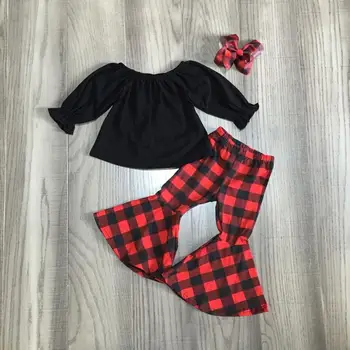 Bebé de la ropa de las niñas otoño/invierno trajes top rojo con cuadros campana de la parte inferior de los pantalones de las niñas boutique de ropa