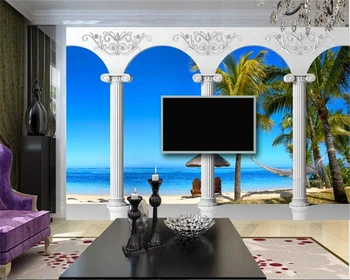 Beibehang Papel de parede 3d fondo de pantalla de fantasía interior avanzado fondo de pantalla de la personalidad de la columna Romana jardín, balcón y vista al mar