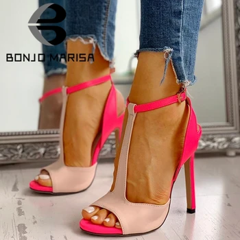 BONJOMARISA llegada de nuevos INS caliente de colores brillantes partido sandalias sexy alta delgada talones sandalias de las mujeres 2020 verano zapatos de tacón mujer