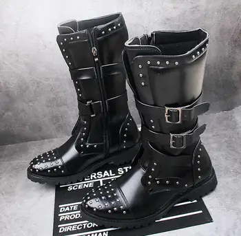 Botas del ejército de los Hombres de Botas Militares de Cuero de Invierno Negro de vaquero de nieve de Metal Gótico Punk Botas Zapatos Masculinos de la Motocicleta Martin botas