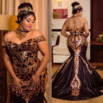 Brillante Oro De Lentejuelas Sirena Vestidos De Baile 2020, Más El Tamaño De Halter El Hombro De África Formal Vestido De Satén Tren De Barrido