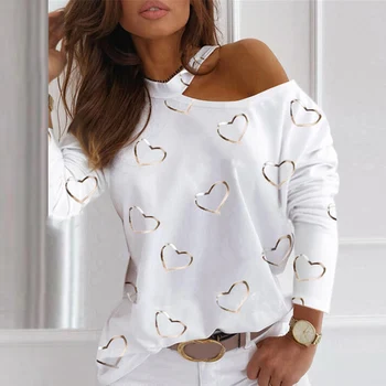 Camiseta de moda de las Mujeres 2020 Primavera camisetas Cartas de Amor Impreso Patchwork O-cuello de Camisa de Manga Larga Casual camisas Blancas de Tamaño Más GV377